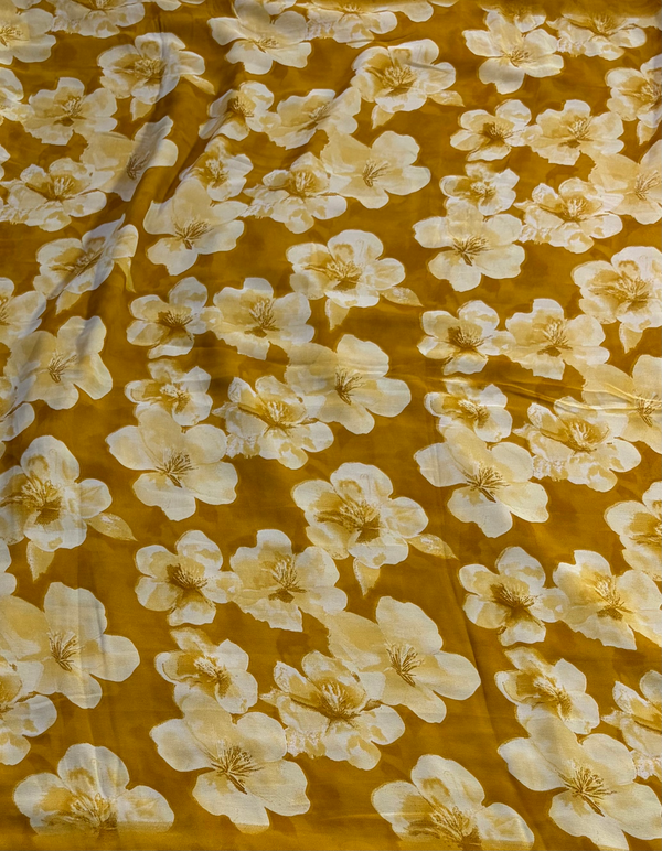 The Honeycomb Blossom: Mustard Yellow Chiffon Saree with Cream Watercolor Florals