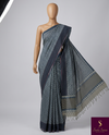 The Slate Lattice: Mineral Grey Pure Linen Saree with Geometric Weave & Temple Pallu