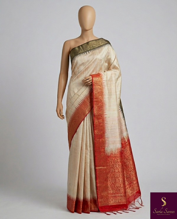 The Ivory Confluence: Tussar Ghicha Silk Saree with Kanchipuram Style Zari Borders & Temple Ikat Pallu