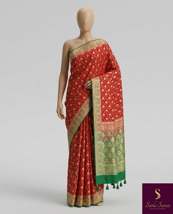 The Heritage Crimson: Scarlet Red Banarasi Silk Saree with Emerald Green Zari Border
