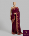 The Mulberry Splendor: Deep Wine Georgette Saree with Intricate Scalloped Paisley Border