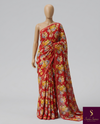 The Scarlet Meadow: Crimson Red Printed Chiffon Saree with English Garden Florals