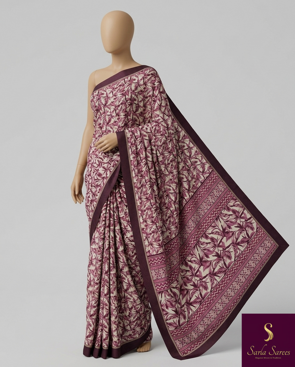 The Amethyst Thicket: Plum & Ivory Printed Chiffon Saree with Geometric Borders