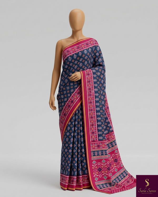 The Indigo Ikat: Indigo Blue Mul Mul Cotton Saree with Vibrant Fuchsia Pink Panelled Pallu