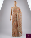 The Pastel Meadow: Nude Peach Drape with Scalloped Borders & Multi-Color Floral Hand-Embroidery