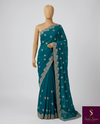 The Peacock Gala: Deep Teal Drape with Ornate Scalloped Cutwork Borders & Floral Buttis