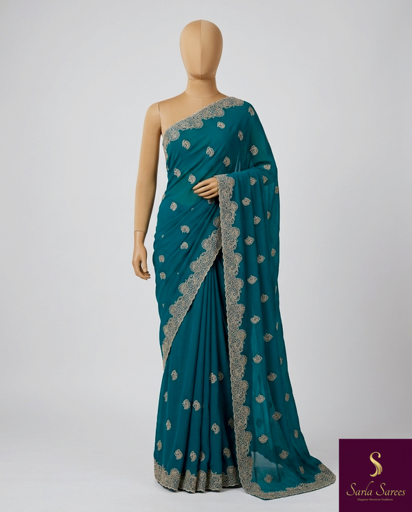 The Peacock Gala: Deep Teal Drape with Ornate Scalloped Cutwork Borders & Floral Buttis