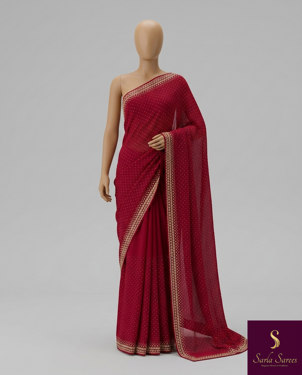The Crimson Constellation: Deep Maroon Drape with Geometric Grid Border & Micro-Butti Shimmer