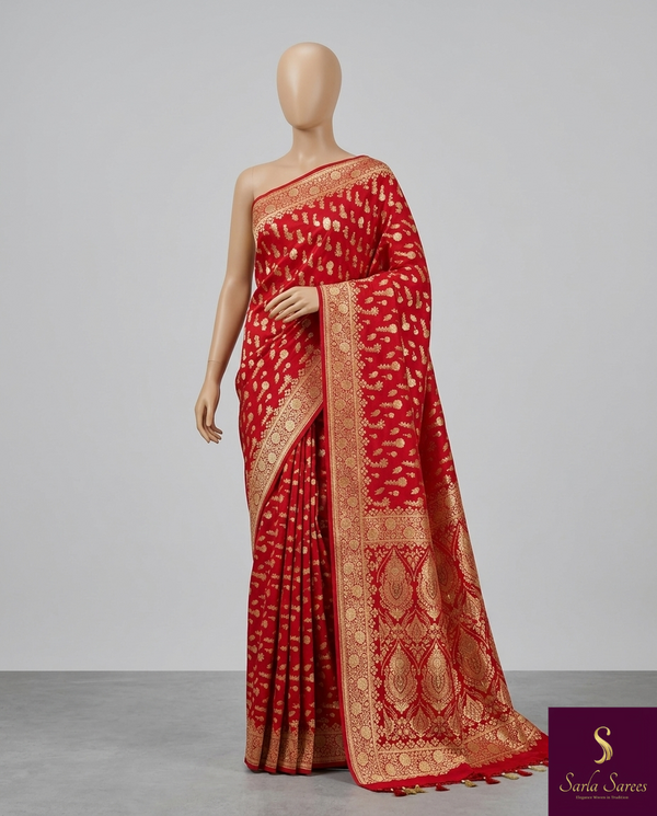 The Varanasi Heritage: Crimson Red Banarasi Saree with Fine Gold Zari Paisley Buttis