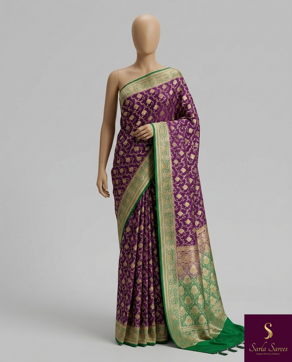 The Kashi Confluence: Royal Purple Banarasi Saree with Sea Green Contrast & Geometric Shikargah Jaal