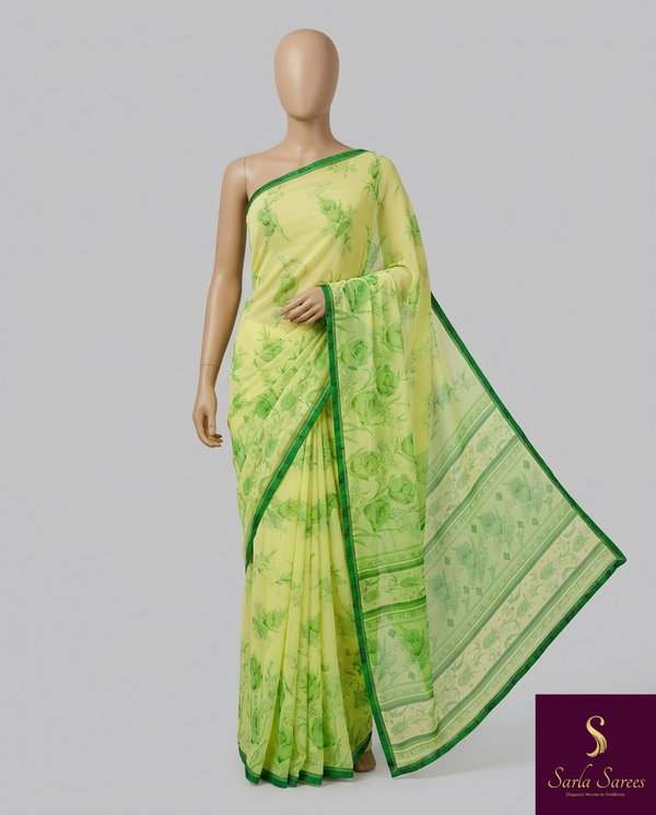 The Citron Meadow: Lemon Yellow Floral Saree with Leaf Green Lace Border