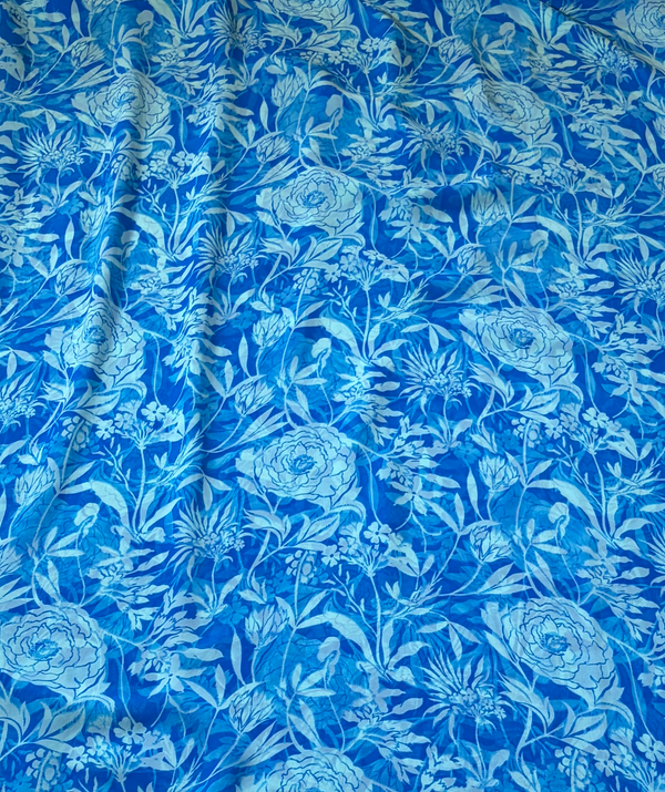 The Aegean Arbour: Cerulean Blue Floral Kalamkari-Print Saree with Royal Blue Lace Border