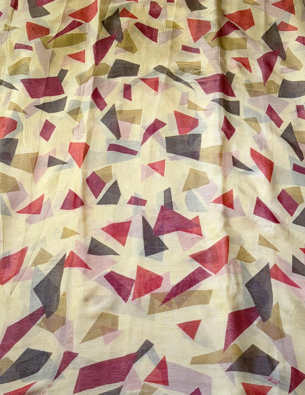 The Cubist Canvas: Beige Geometrical Print Drape with Delicate Pearl Lace Border