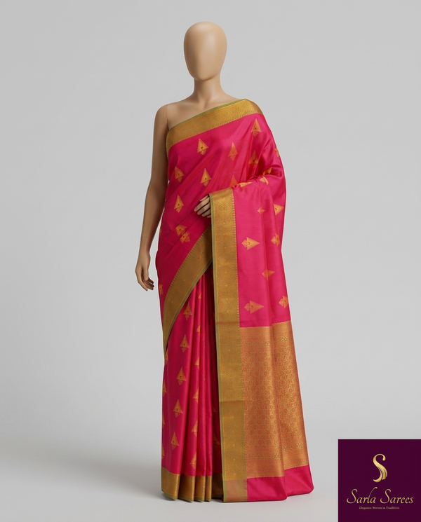 The Magenta Glow: Rani Pink Satin Silk Saree with Olive-Accent Zari Border & Temple Buttis
