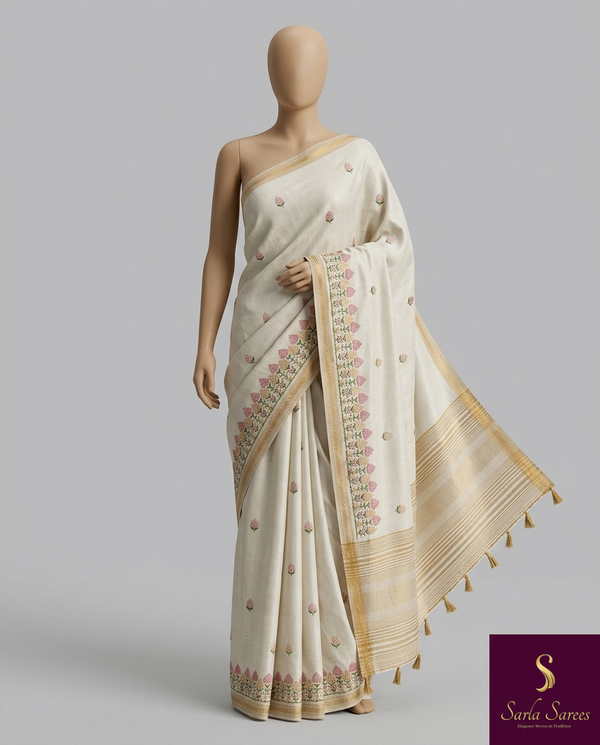 The Malabar Glade: Off-White Tussar Cotton Saree with Pastel Floral Border