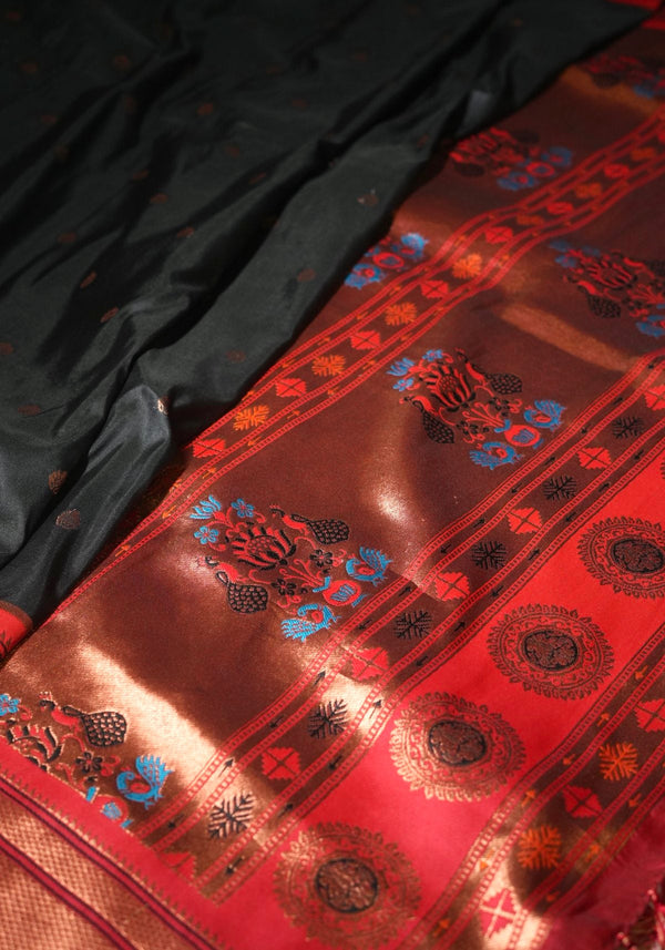 The Midnight Paithani: Jet Black Saree with Crimson Red Zari Border & Asavali Pallu