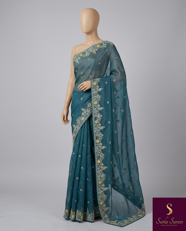 The Caspian Glade: Deep Teal Organza Saree with Detailed Floral Scallop Cutwork