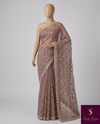 The Mauve Whisper: Dusty Lilac Saree with Pastel Floral Embroidery & Scalloped Cutwork Border