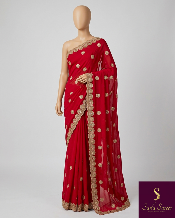 The Ruby Crown: Crimson Red Festive Saree with Scalloped Zardosi-Embroidered Border
