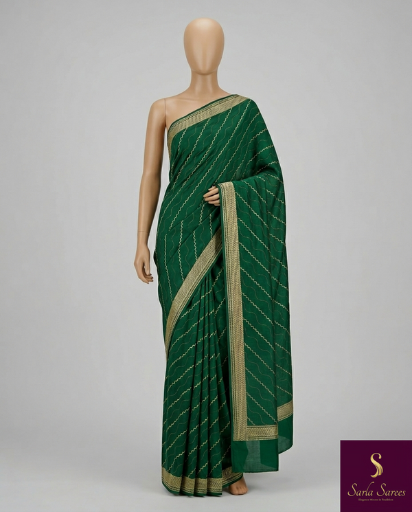 The Emerald Wave: Bottle Green Leheriya-Inspired Saree with Champagne Gold Border