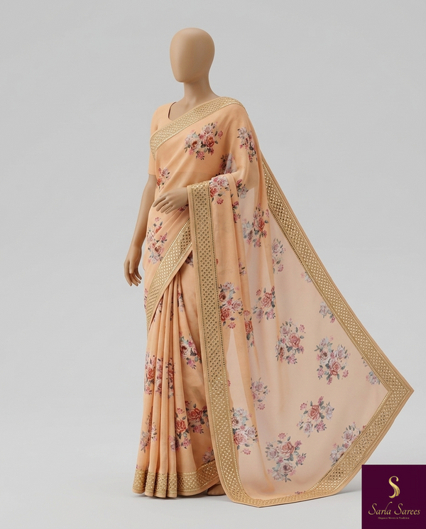 The Apricot Bloom: Pastel Peach Floral Saree with Shimmering Mirror-Work Border