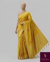 The Marigold Bower: Mustard Yellow Silk Saree with Pastel Pink Meenakari Florals