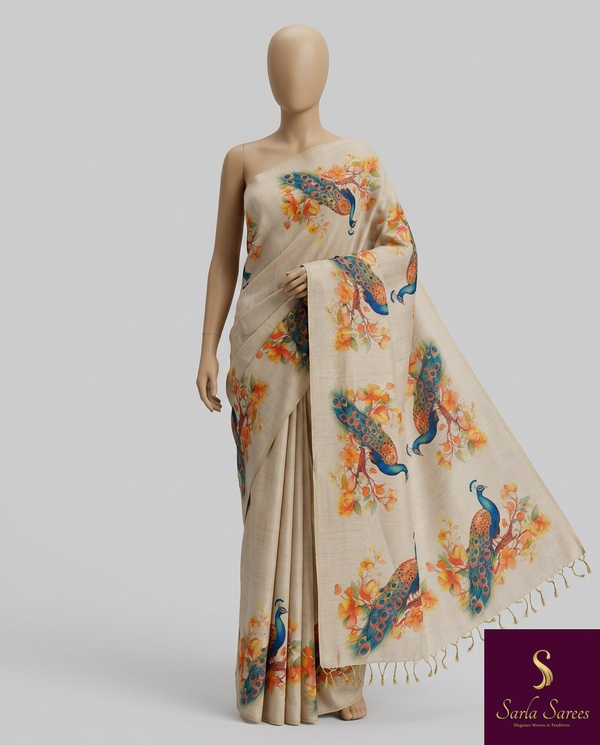 The Mayura Glade: Beige Tussar Silk Linen Saree with Hand-Painted Peacock Motifs