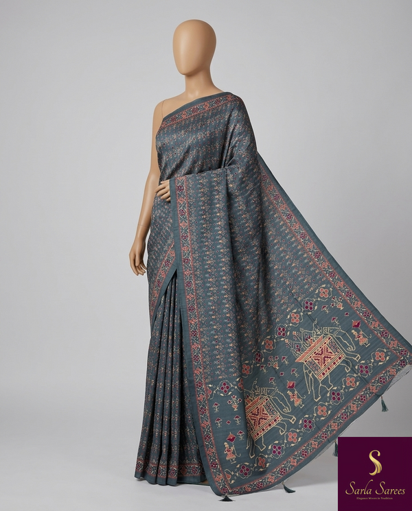 The Slate Heritage: Steel Grey Cotton Silk Saree with Madhubani & Kalamkari-Inspired Folk Art