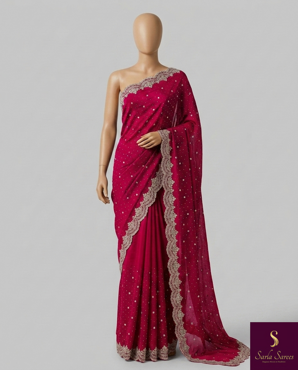 The Crimson Gala: Deep Rani Pink Georgette Saree with Scalloped Thread Work Border
