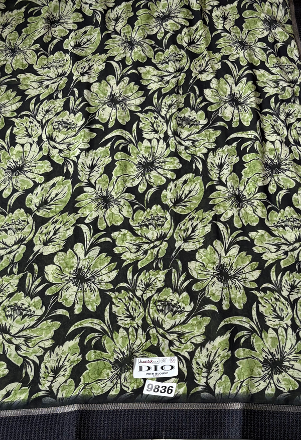 The Ivy Arbour: Charcoal Black Printed Saree with Sage Green Botanical Blooms