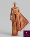 The Ochre Orchard: Muted Amber Linen Saree with Terracotta Floral Borders