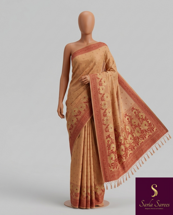 The Ochre Orchard: Muted Amber Linen Saree with Terracotta Floral Borders