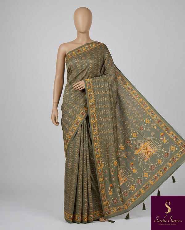 The Olive Procession: Sage Olive Cotton Silk Saree with Madhubani Elephant Motif Pallu