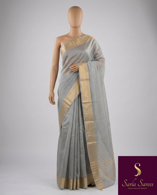 The Sterling Glint: Metallic Grey Banarasi Tissue Cotton Saree with Classic Gold Zari Border