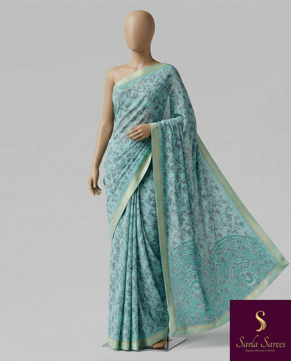 Mint Aqua & Slate Grey Floral Printed Saree