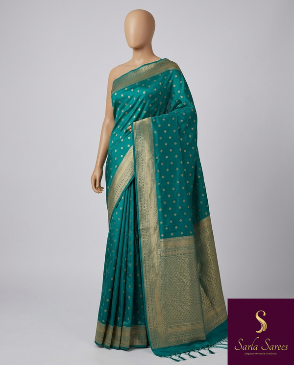 The Mayur Mayukha: Teal Blue-Green Banarasi Saree With Gold Zari Buta