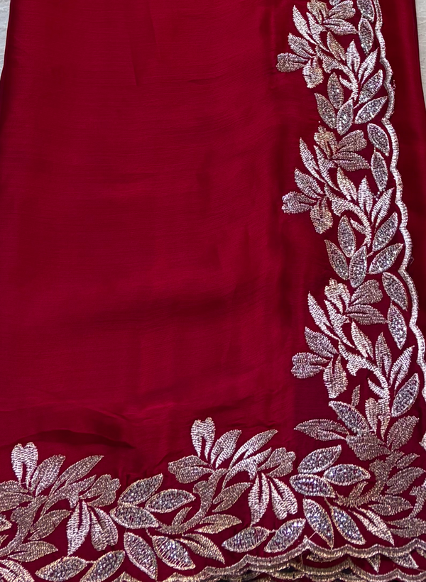 The Maroon Midnight: Deep Wine Maroon Saree With Silver Cutwork Lace Border