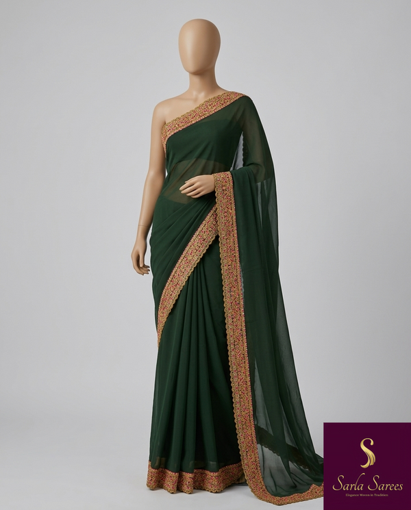 The Emerald Enigma: Deep Bottle Green Saree With Pink and Gold Embroidered Border