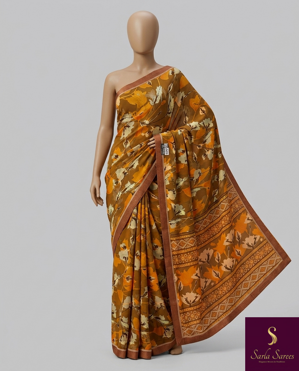 The Autumn Amber: Ochre Mustard Printed Saree With Chestnut Brown Borders