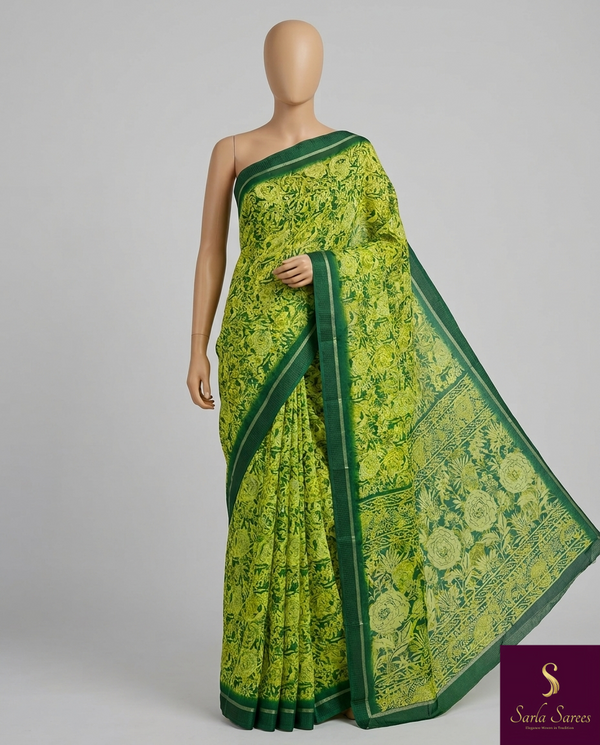 The Verdant Grove: Lime Green Printed Saree With Forest Green Botanical Pallu