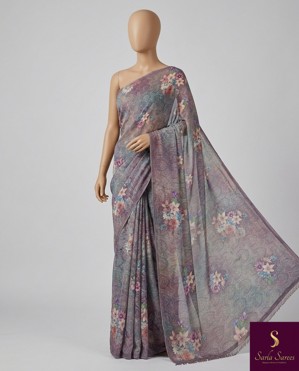 The Amethyst Breeze: Mauve & Lavender Printed Italian Silk Saree