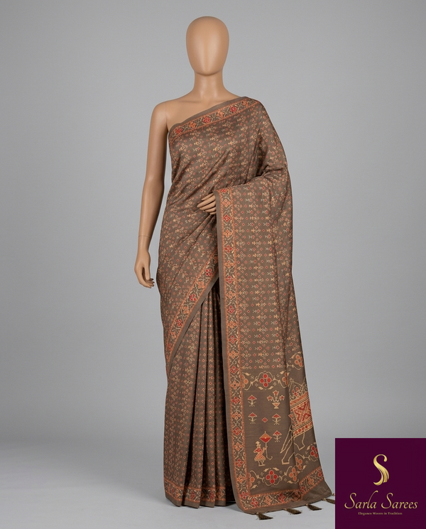 The Earthen Udgam: Cocoa Brown Cotton Silk Saree With Ajrakh Inspired Printed Pallu