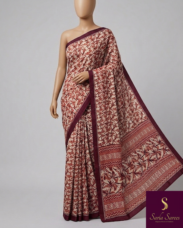 The Crimson Thicket: Ivory & Maroon Kalamkari Inspired Printed Saree