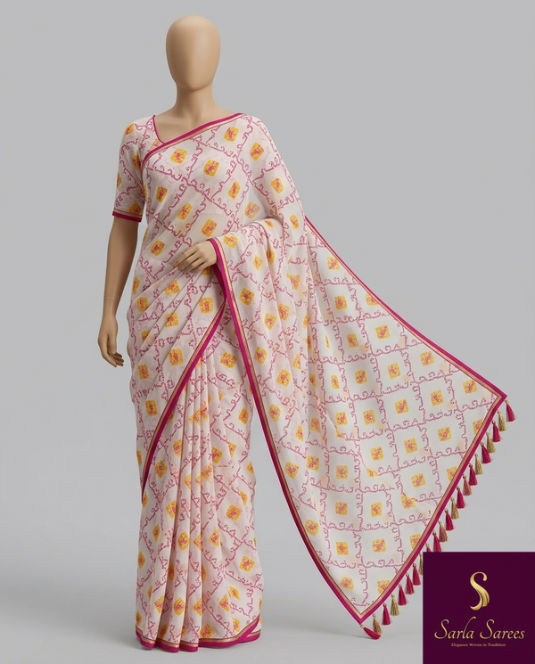 The Gulabi Jaal: Ivory & Rani Pink Bandhani Inspired Geometic Printed Saree