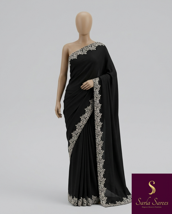 The Midnight Ebony: Onyx Black Saree With Silver Hand-Worked Border