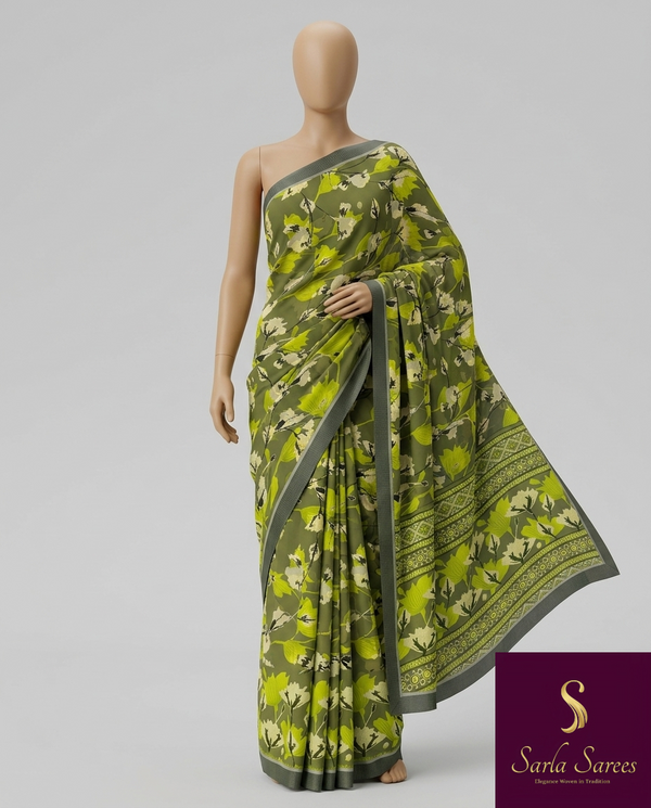 The Olive Aranya: Meadow Green & Sage Botanical Printed Saree