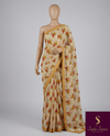 The Basanti Vatika: Cream & Mustard English Floral Printed Saree