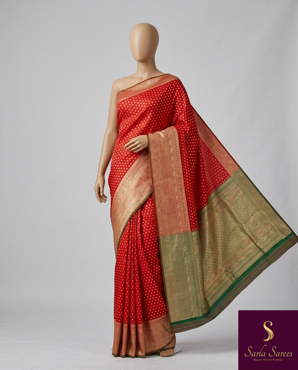 The Vermilion Shradha: Scarlet Red & Olive Green Traditional Woven Saree