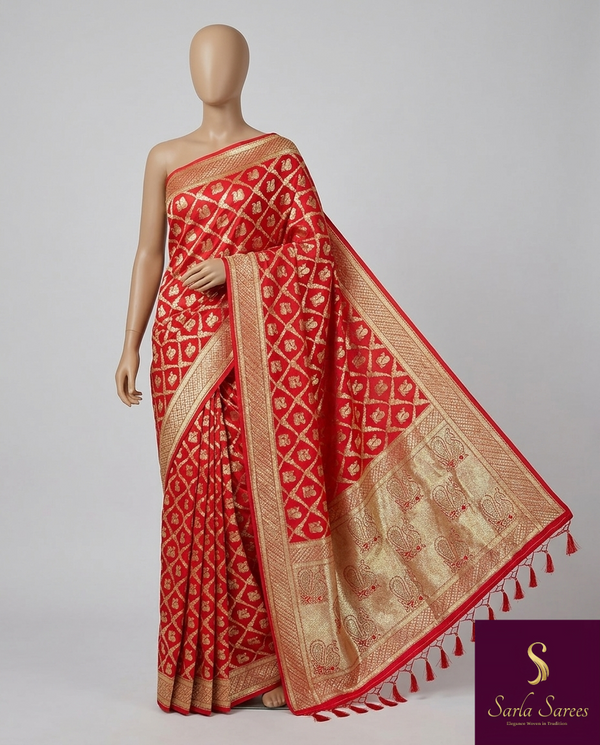 The Kashi Mayura: Scarlet Crimson & Heritage Gold Brocade Saree