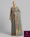 The Ashani Malini: Sterling Grey & Gold Tissue Cotton Saree